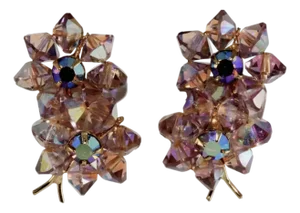 Vintage Earrings Floret Purple Glass Beads Gold-Plate, A Pair