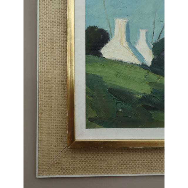 Textile Mid-Century Modern 'Red Cabin by the Shore' Swedish Landscape Oil Painting, Framed For Sale - Image 7 of 13