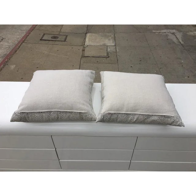 Custom Cream Linen Navy Geometric Design Pillows - A Pair For Sale In Los Angeles - Image 6 of 8