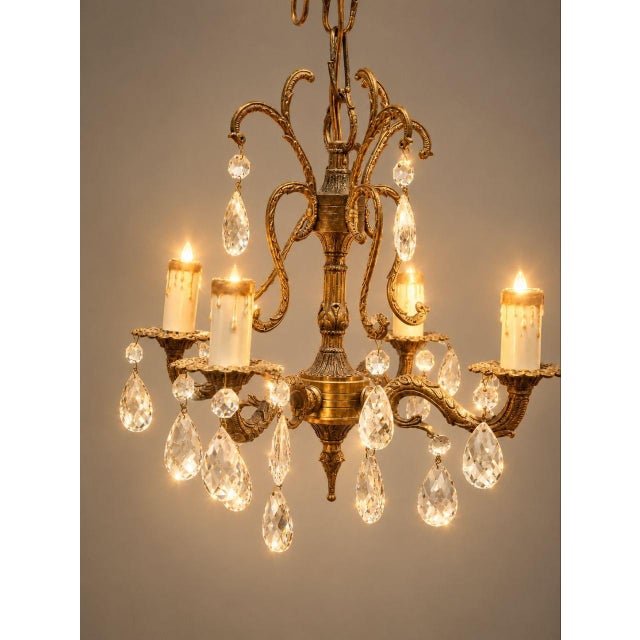 Spanish Vintage Spanish Brass & Crystal 4Light Mini Chandelier For Sale - Image 3 of 3