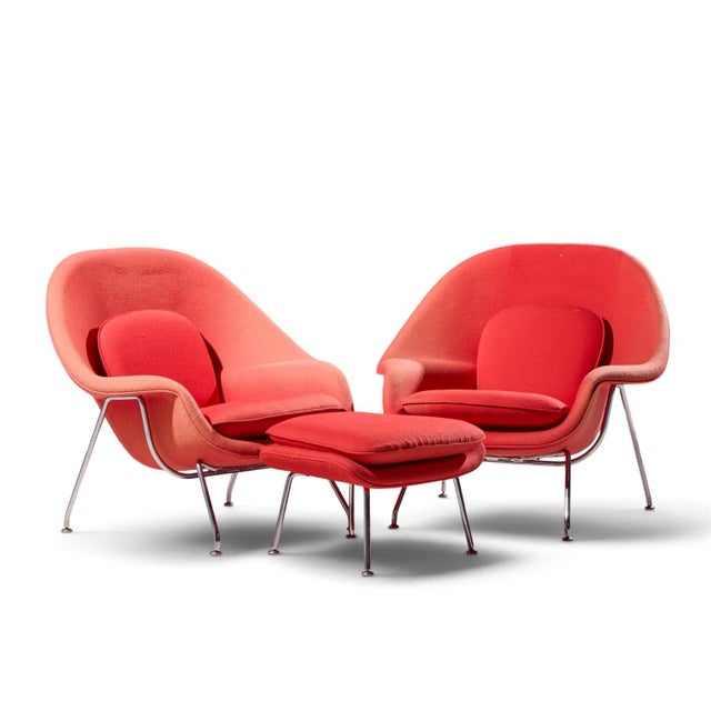 Eero Saarinen for Knoll Mid Century Medium Womb Chairs - Pair with Ottoman Each chair measures: 34.5 wide x 31 deep x...