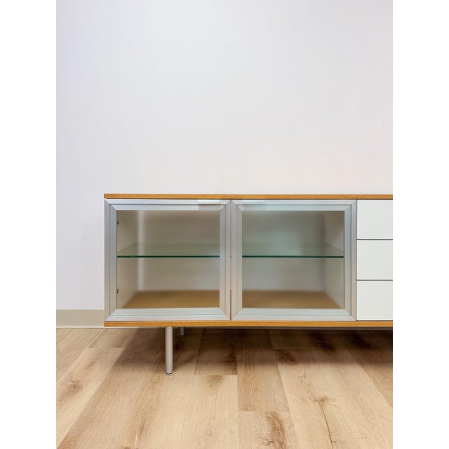 Modern MCM Wood Glass Metal Sideboard Credenza White Natural Frosted Glass For Sale - Image 4 of 13