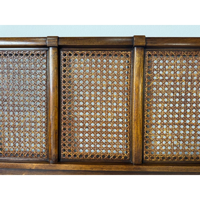 Wood Vintage Drexel Furniture Accolade Cane Campaign Queen Headboard With Brass Corners For Sale - Image 7 of 11