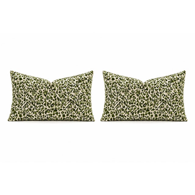 Modern One Pair of Green Raised Velvet Down and Feather Lumbar Pillows 14 X 24 Solid Linen Back For Sale - Image 3 of 3
