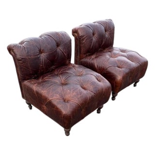 Pair of Chesterfield Leather Slipper Chairs For Sale