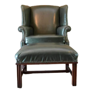 Late 20th Century Leather Chippendale Wing Chair and Ottoman