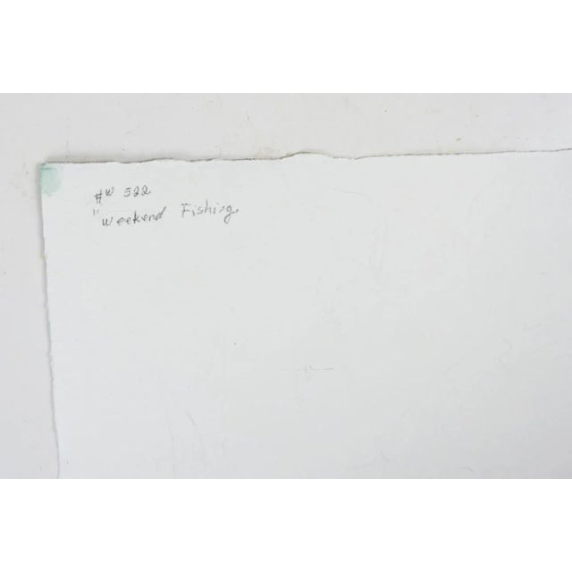 Late 20th century watercolor on paper of fishermen surf fishing on beach. By Ahuva Shweiki (20th century) Texas. Signed...