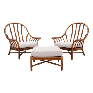 Pair of McGuire Organic Modern Rattan Lounge Chairs + Ottoman For Sale