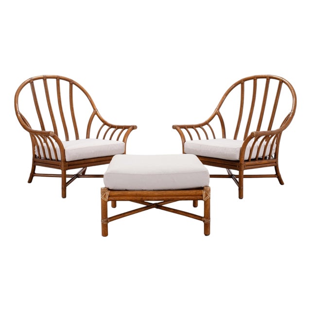 Pair of McGuire Organic Modern Rattan Lounge Chairs + Ottoman For Sale