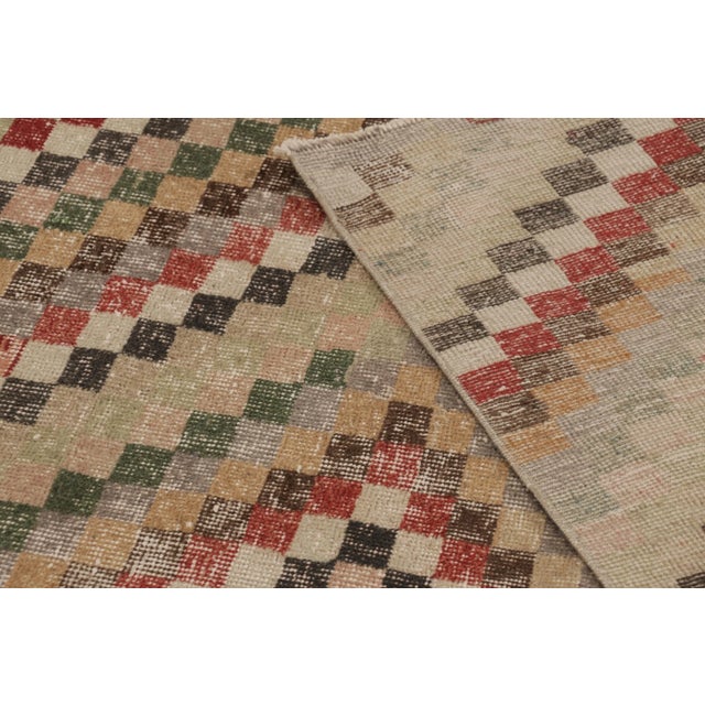 Beige Vintage Distressed Rug, Multicolor Geometric Diamond Mosaic - Rug & Kilim For Sale - Image 8 of 8