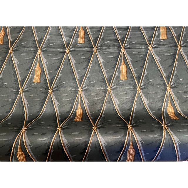 Waverly “Trompe L’Oeil Tassle” Beautiful for Draperies Bedding or Pillows/Upholstery. Color Is a Blue/Green/Gray With Gold Tassels & Trellis Design. For Sale