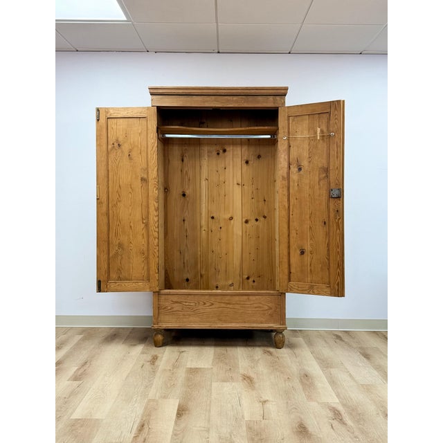 Antique European Pine Wardrobe Two Door Armoire Turned Feet, Natural Wood For Sale - Image 13 of 17