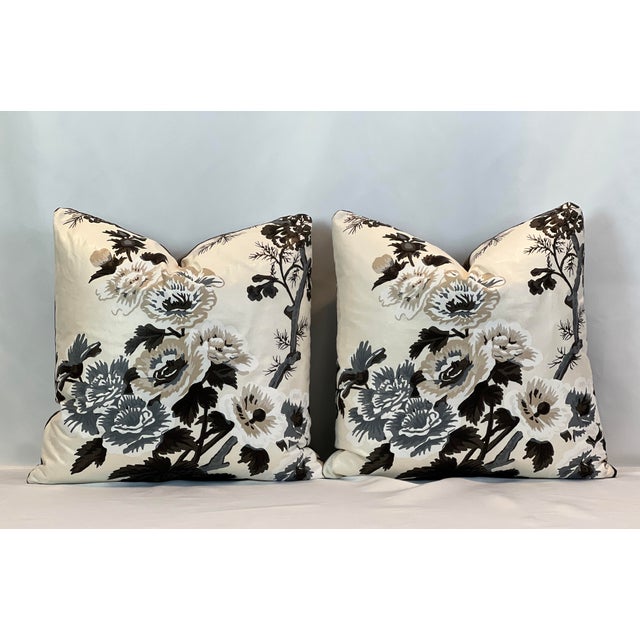Custom-tailored 20”x20” Pyne Hollyhock attributed to Schumacher in charcoal. Solid gray velvet back. Hidden zipper...