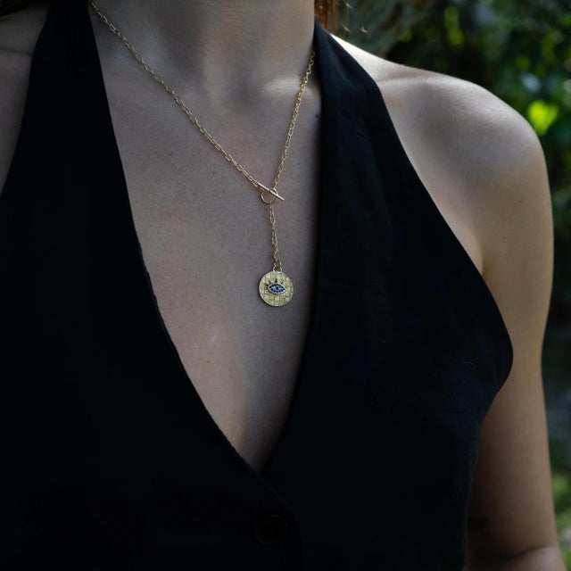 Early 21st Century Sapphire Guardian Evil Eye Lariat Gold Necklace For Sale - Image 5 of 10