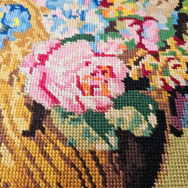 1970s Vintage Needlepoint Floral Still Life Wall Art Gold Frame Large 29x22" Yellow For Sale - Image 5 of 11