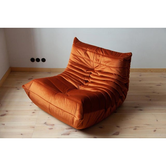 Amber Orange Velvet Togo Lounge Chair with Pouf and 3-Seat Sofa by Michel Ducaroy for Ligne Roset, Set of 3 For Sale - Image 5 of 13