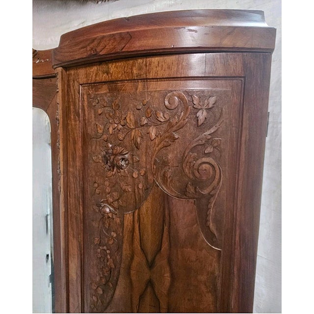 Antique French Burl Walnut Armoire Wardrobe Mirror Carved Cabinet Circas 1920s For Sale - Image 17 of 18