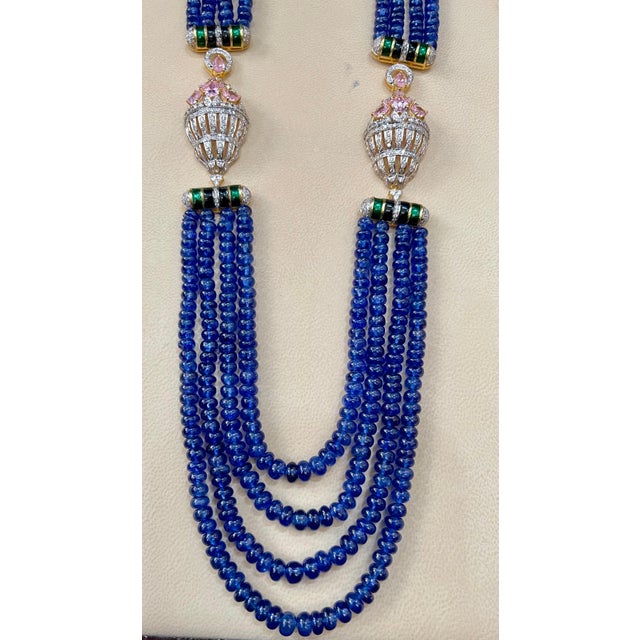 575 Ct Natural Tanzanite Bead Four Strand Necklace + 6.5 Ct Diamond 14 K Y Gold For Sale In New York - Image 6 of 18