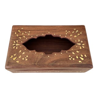 Vintage Tissue Box in Exotic Indian Rosewood With Brass Inlays For Sale