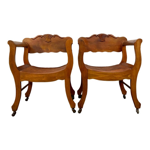 Antique Victorian Renaissance Revival Style Saddle or Sling Armchairs - Pair For Sale