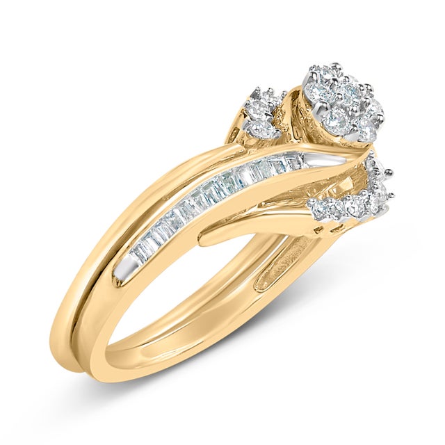 Contemporary 14K Yellow Gold Plated Sterling Silver 1/2 Cttw Diamond Cluster Spiral Bridal Set - Size 7 For Sale - Image 3 of 6