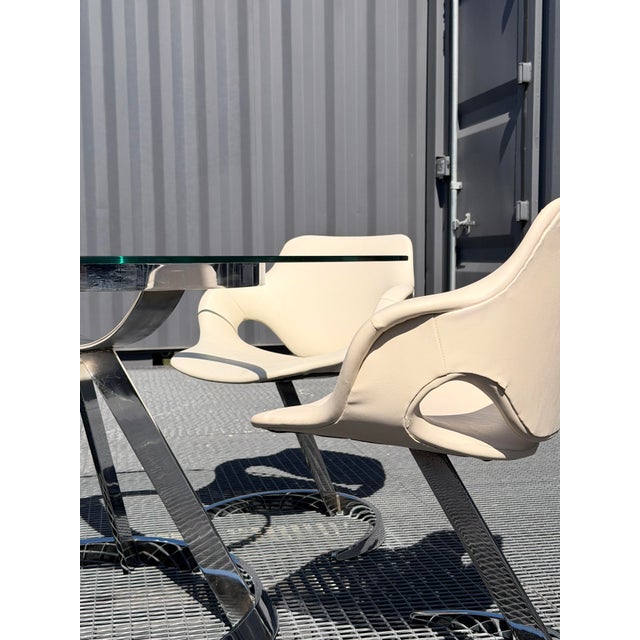 Space Age Chrome, Glass and White Leather Dining Room Set by Euro Steel, 1970s, Set of 5 For Sale - Image 9 of 18