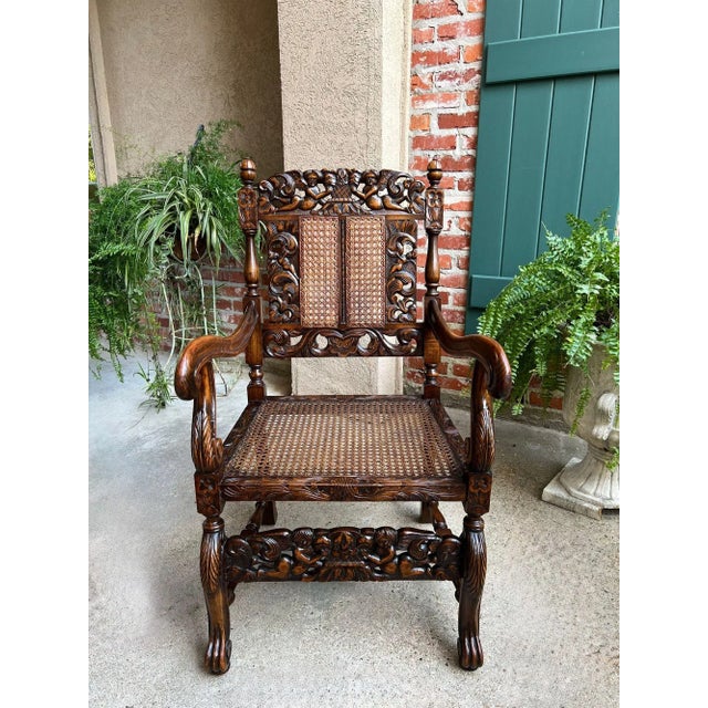 Antique English Arm Chair Carved Oak Cane Seat Renaissance Cherubs Fireside For Sale - Image 4 of 18