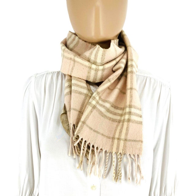 Burberry Children Pink Merino Wool & Cashmere Small Scarf. Soft pale pink Burberry check with beige and cream stripes,...