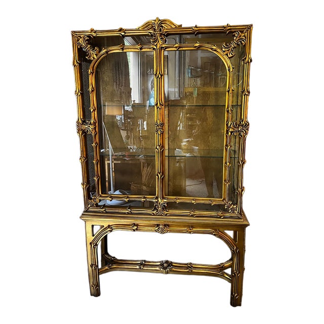 1970s Stunning Gilded Gold Ornate Oversized Display Cabinet With Glass Shelves For Sale