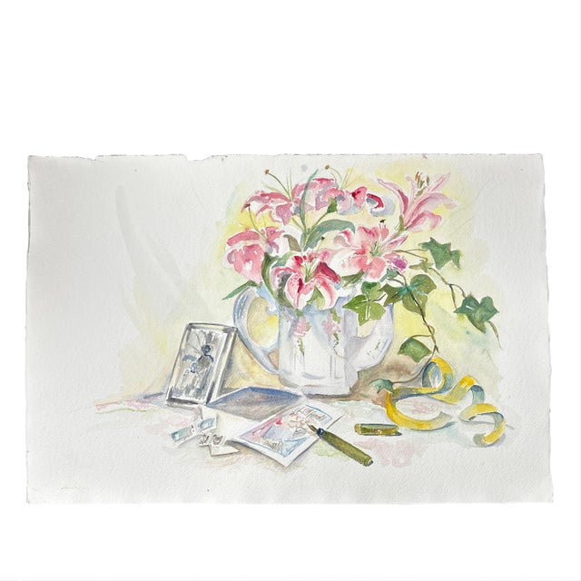 1980’s Original Impressionist Pink Lilies Still Life Watercolor Painting For Sale