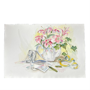 1980’s Original Impressionist Pink Lilies Still Life Watercolor Painting