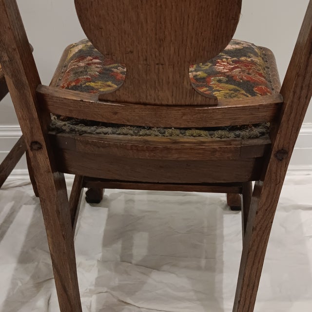 Antique Quarter Sawn Oak Side Chairs With Hand Carved Motif on Each Side and Nailhead Stud Surround Tapestry Seat and Claw Feet For Sale - Image 17 of 18