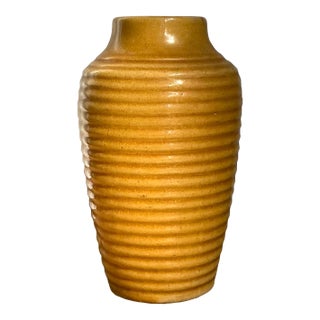 Vintage Boho Glazed Ceramic Ribbed Vase For Sale
