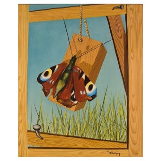 Thomas Hafström, Butterfly on Woodwork, Sweden, Oil on Canvas, Framed For Sale