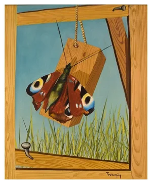 Thomas Hafström, Butterfly on Woodwork, Sweden, Oil on Canvas, Framed