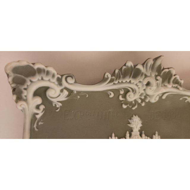 Ceramic Antique Schafer and Vater Green Jasperware Palais d'Electricite Commemorative Bisque Porcelain Dish For Sale - Image 7 of 14