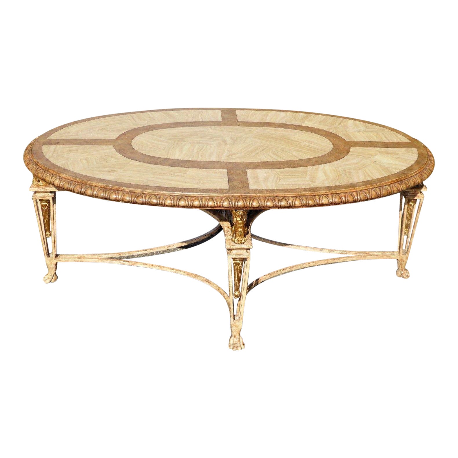 Vintage Labarge Carved Wood & Travertine Stone Top Oval Coffee Table