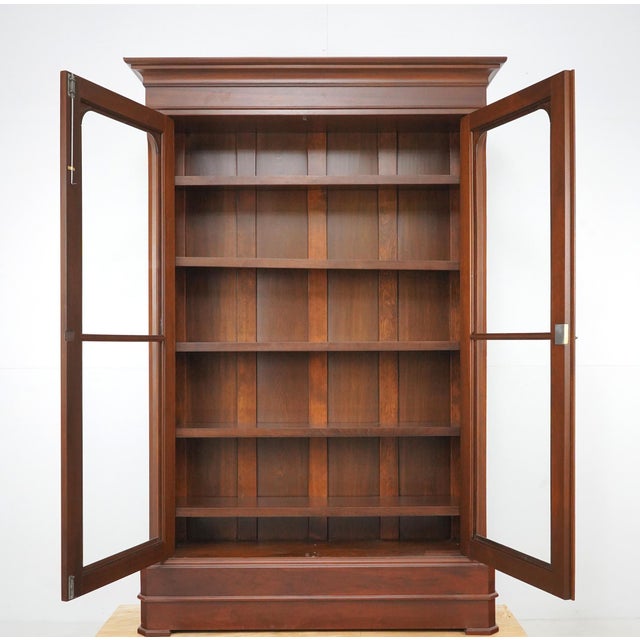 Traditional Late 20th Century Traditional Walnut Glass Front Double Door Bookcase Cabinet For Sale - Image 3 of 16