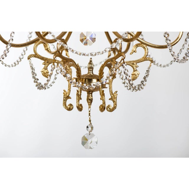 Mid-Century Modern 1970s Spanish Hollywood Regency Brass 6-Light Chandelier With Crystals For Sale - Image 3 of 13