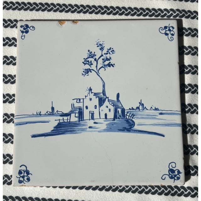 Delft Vintage Blue and White Delftware Tile With Brass Faux Bamboo Easel Stand For Sale - Image 4 of 10