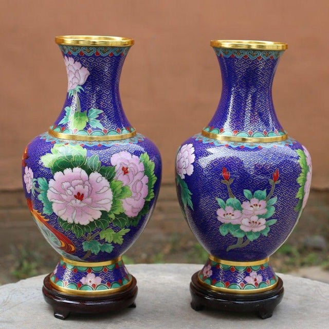 Pair of Large Vintage Cloisonné Enamel Vases – Sapphire Blue Ground, Phoenix & Peony Motif For Sale - Image 4 of 12