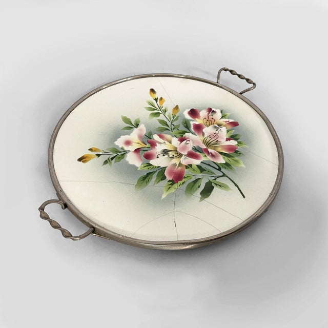 Italian Art Deco Tray in Ceramic and Metal with Flowers, 1920s For Sale - Image 11 of 11