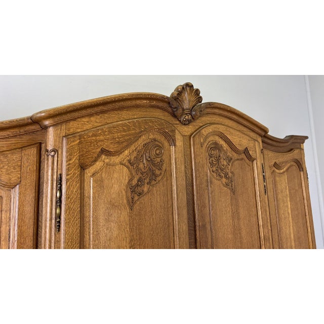 Vintage Louis XVI French Oak Four Door Carved Armoire For Sale - Image 4 of 11