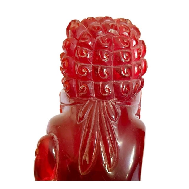 Plastic Pair of Vintage Chinese Cherry Amber Foo Dogs Temple Fu Lions Figurines For Sale - Image 7 of 8