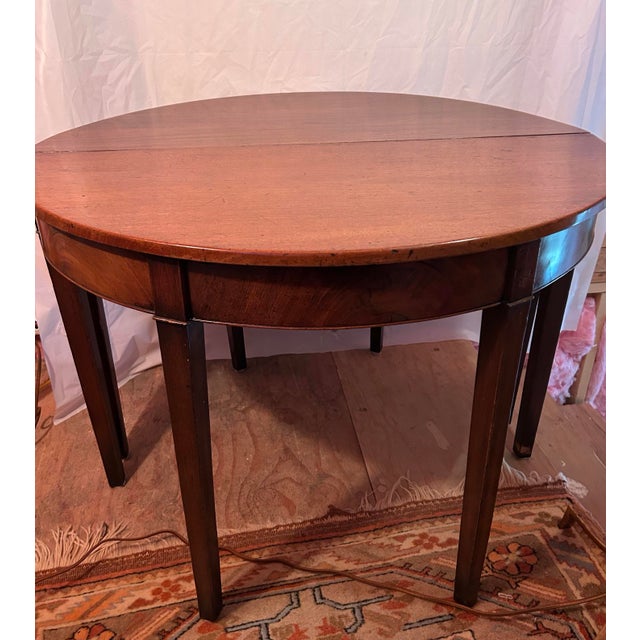 Traditional Pair of Federal-Style Demi-Lune Console Tables — Mahogany Veneer, Mid-20th Century For Sale - Image 3 of 6