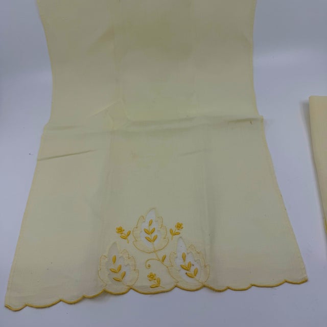 Yellow Pair Vintage Embroidered Pale Yellow Madeira Linen & Organza Fingertip Towels For Sale - Image 8 of 15