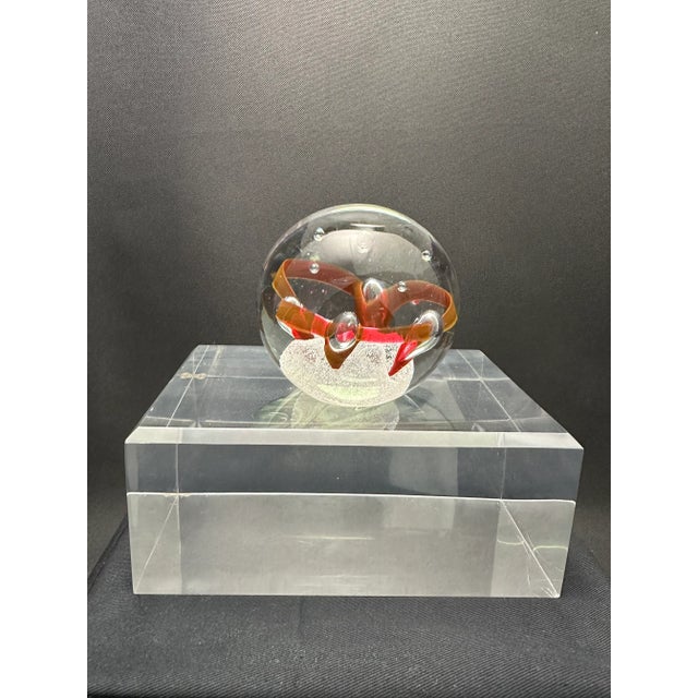 1970s 1970s Adam Jablonski Signed Hand Blown Crystal Art, Red Ribbon Suspended on Controlled Bubbles Paperweight For Sale - Image 5 of 11