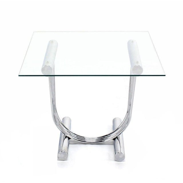 Wolfgang Hoffmann Pair of Chrome U Shape Bases Glass Square Top End Side Tables Stands MINT! For Sale - Image 4 of 9