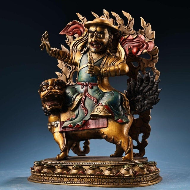 Vintage Tibetan Painted Gilded Bronze Dorje Shugden Protector Buddha Statue on Lion For Sale In Los Angeles - Image 6 of 10