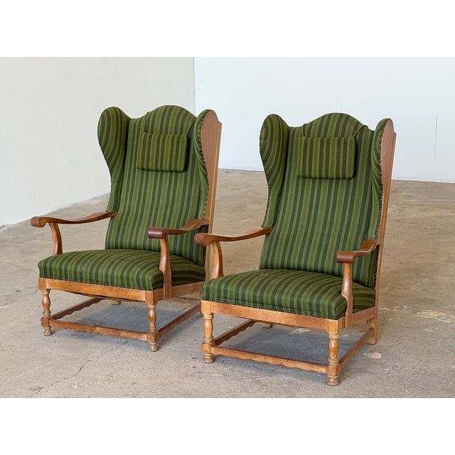 Scandinavian Oak Wingback Lounge Chairs in Striped Wool, 1940s, Set of 2 For Sale - Image 9 of 13